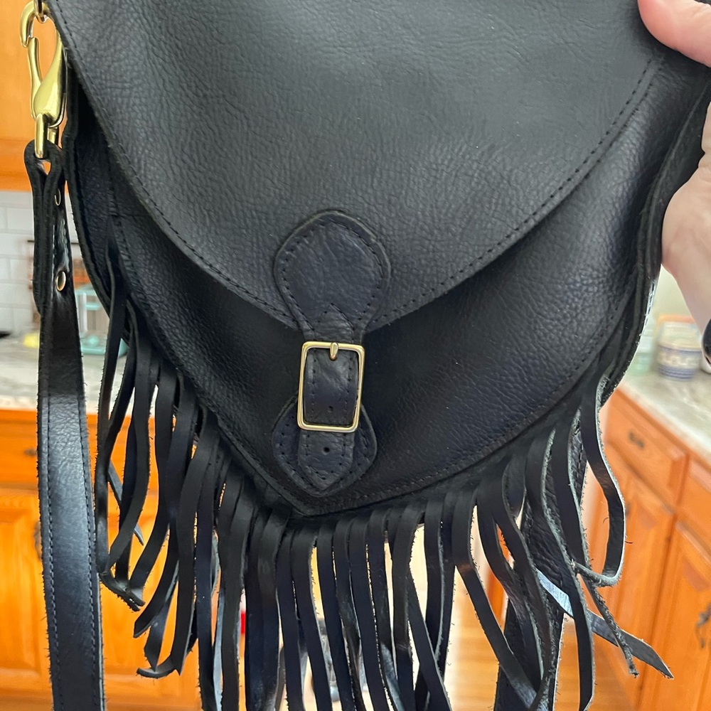 Fount Black Leather Fringe Crossbody with Buckle Detail